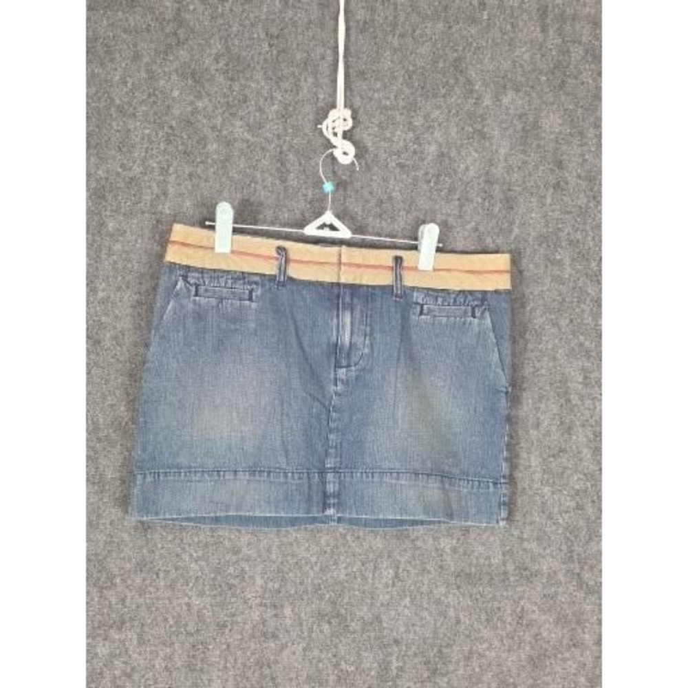 American Eagle Blue Denim Mini Skirt Low Rise Khaki Waistband Sz 6 Summer Chic